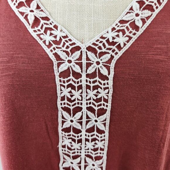 Amaryllis Top Womens 1X Brown Babydoll Boho Embroidered Rayon Stretch Flowy - Picture 3 of 14